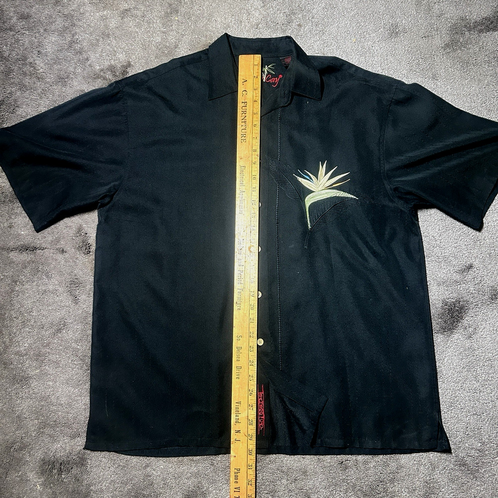 Bamboo Cay Men's Lg Black Hawaiian Camp Shirt Embroidered Bird‎ of Paradise - Picture 3 of 11